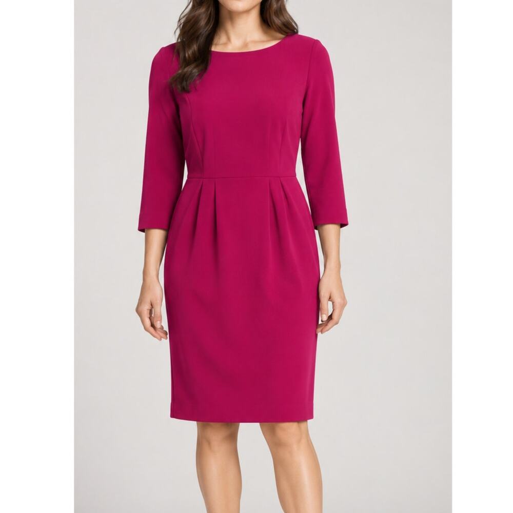 Lafayette 148 New York Midi Dress Boat Neck Pleated 3/4 Sleeve Knee Length Pink